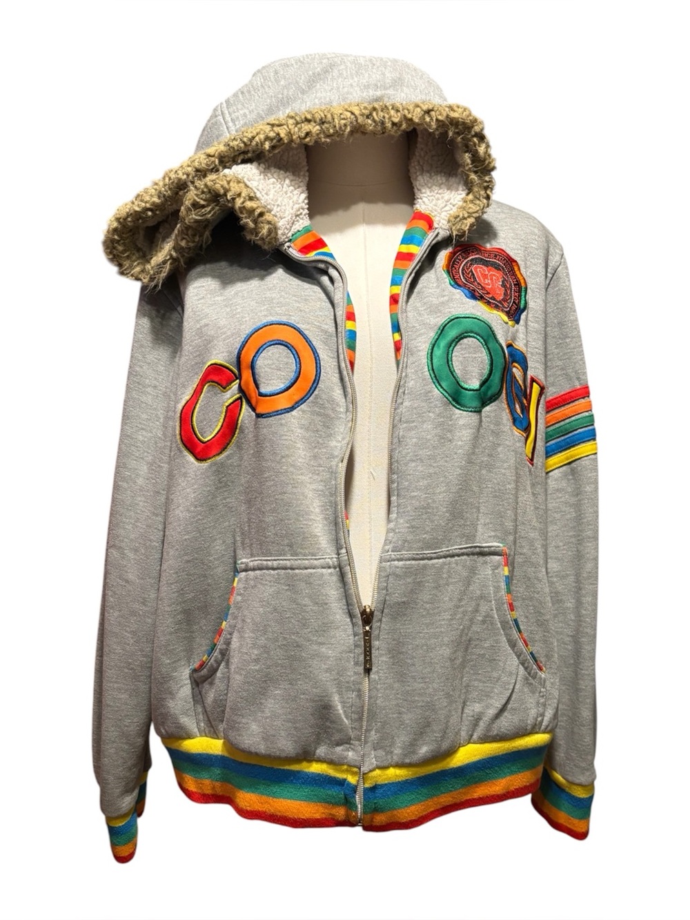 Vintage Coogi Hoodie Full Zip Faux Fur Sherpa Lined Rainbow Trim